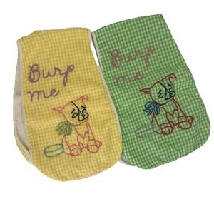 Vintage 60's Gingham Handmade Burp Cloths (Set Of 2) "Burp Me" Dog Embroidered